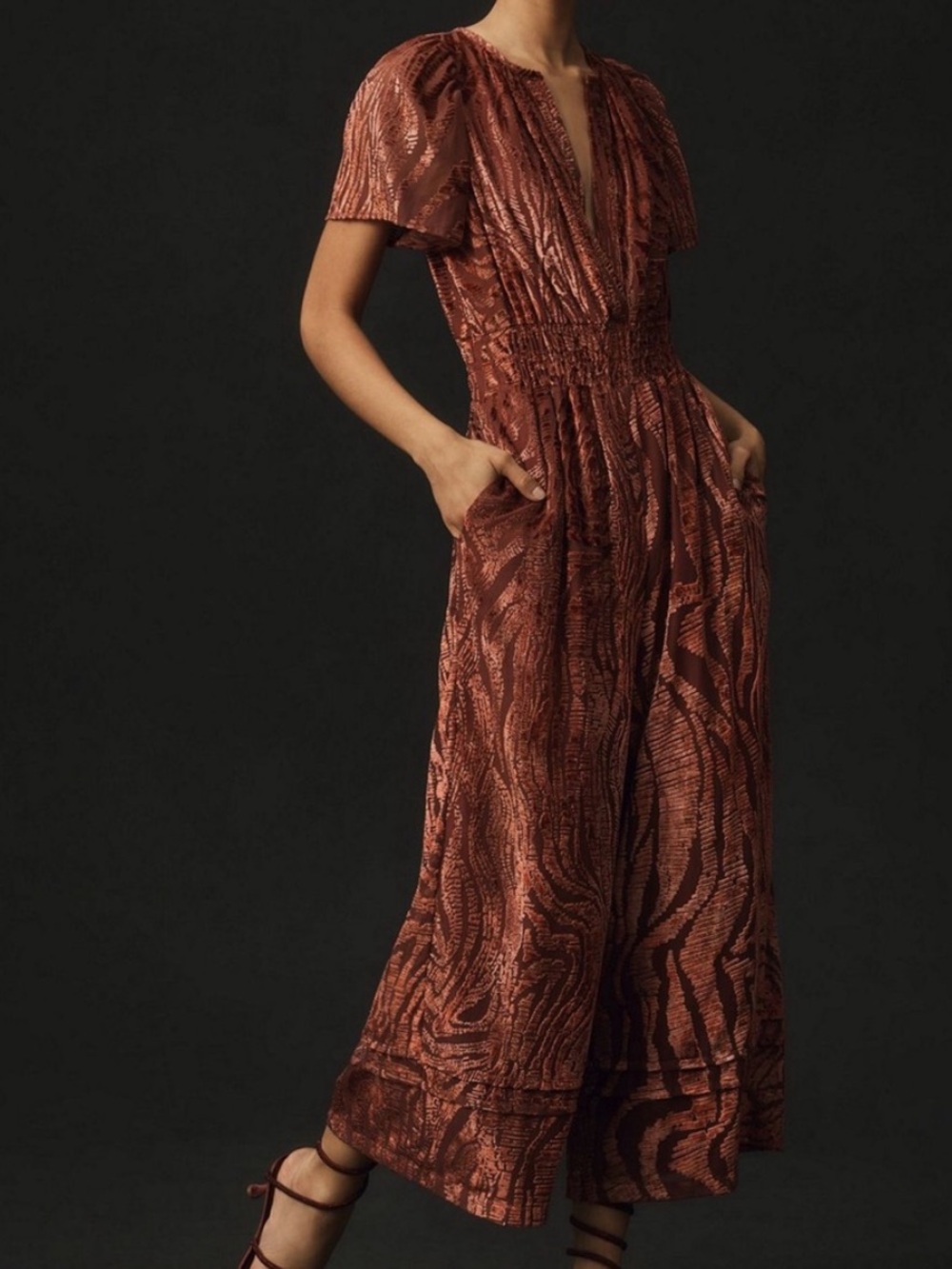 Anthropologie NWT Somerset Jumpsuit Velvet Burnout Edition Size M Deep Burgandy - Picture 5 of 9